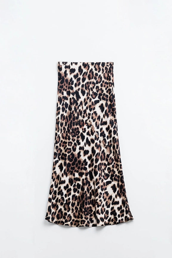 Leopard Print Mid-Rise Flared Midi Skirt-Skirt-Q2-S-Brown-Urbanheer