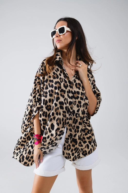 Leopard Print Oversize Shirt with 3/4 Long Sleeves-Shirt-Q2-S-Brown-Urbanheer
