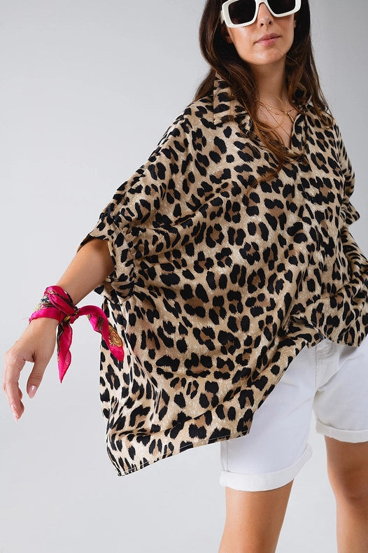 Leopard Print Oversize Shirt with 3/4 Long Sleeves-Shirt-Q2-S-Brown-Urbanheer