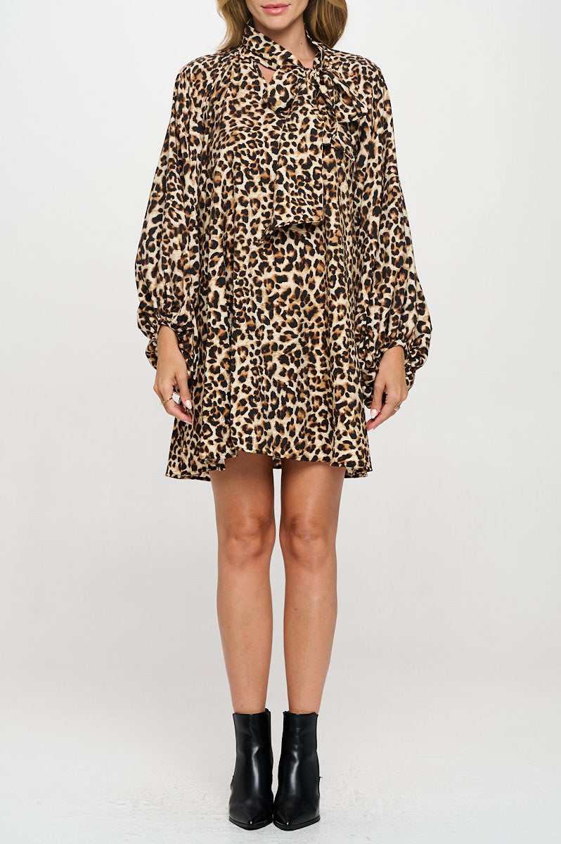 Leopard Print Puff Sleeve Dress with Front Neck Tie Detail-Dresses-Reneecollection-Small-CHOCOLATE-Urbanheer
