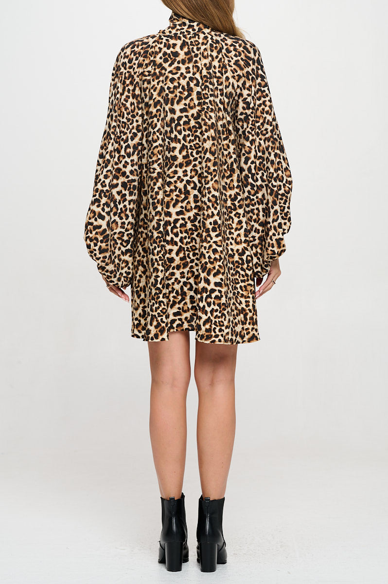 Leopard Print Puff Sleeve Dress with Front Neck Tie Detail-Dresses-Reneecollection-Small-CHOCOLATE-Urbanheer