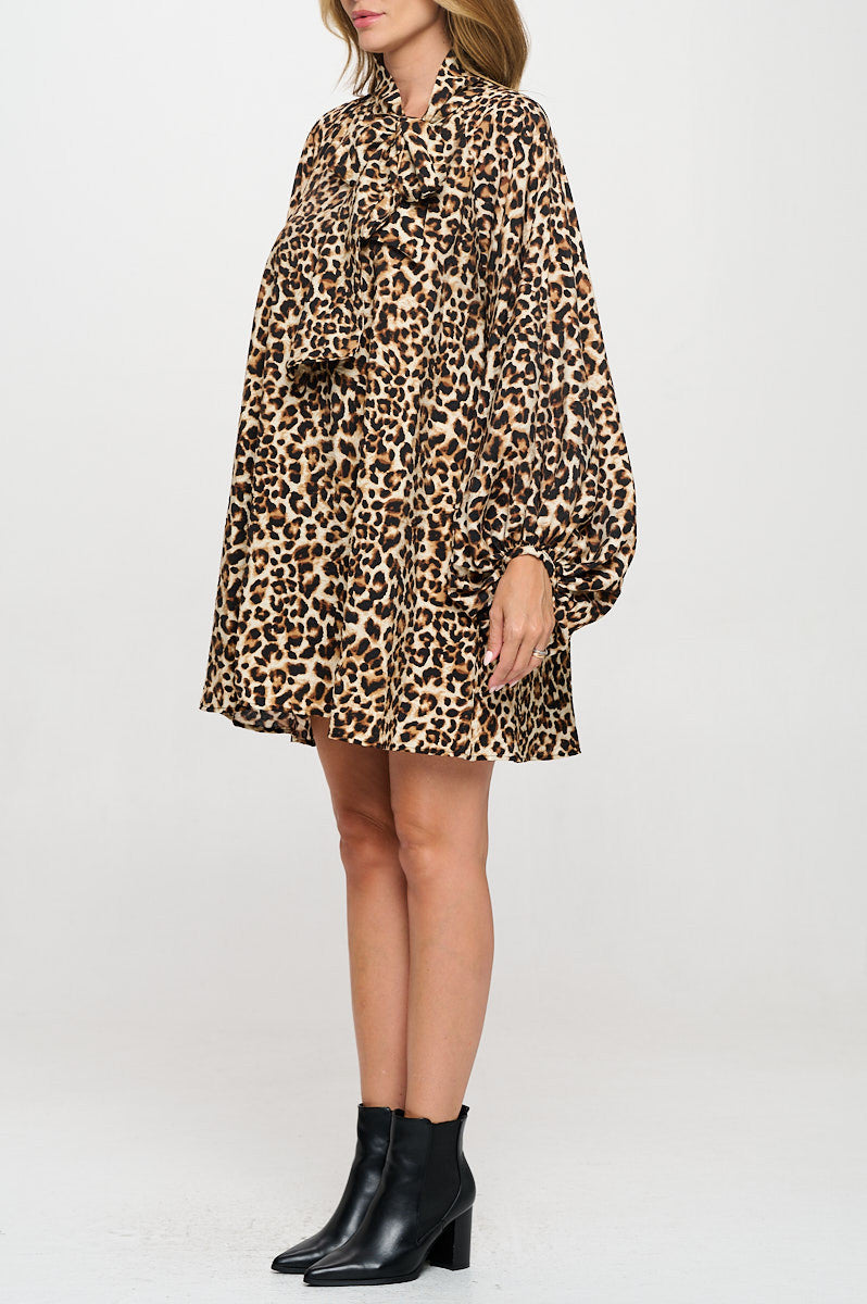 Leopard Print Puff Sleeve Dress with Front Neck Tie Detail-Dresses-Reneecollection-Small-CHOCOLATE-Urbanheer