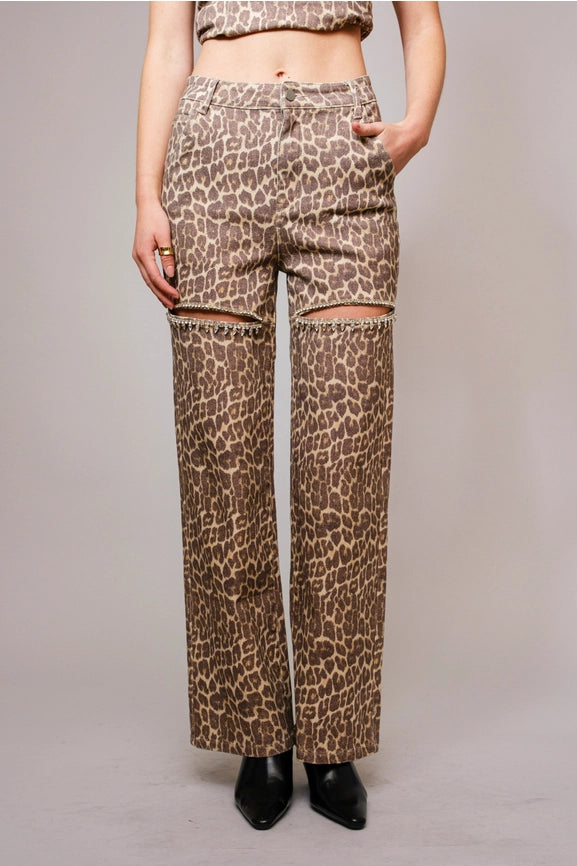 Leopard Print Rhinestone Cutout Jeans-Jeans-Blue B-S-LEOPARD-Urbanheer