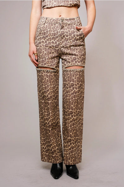 Leopard Print Rhinestone Cutout Jeans