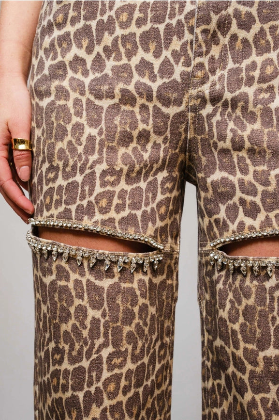 Leopard Print Rhinestone Cutout Jeans-Jeans-Blue B-S-LEOPARD-Urbanheer