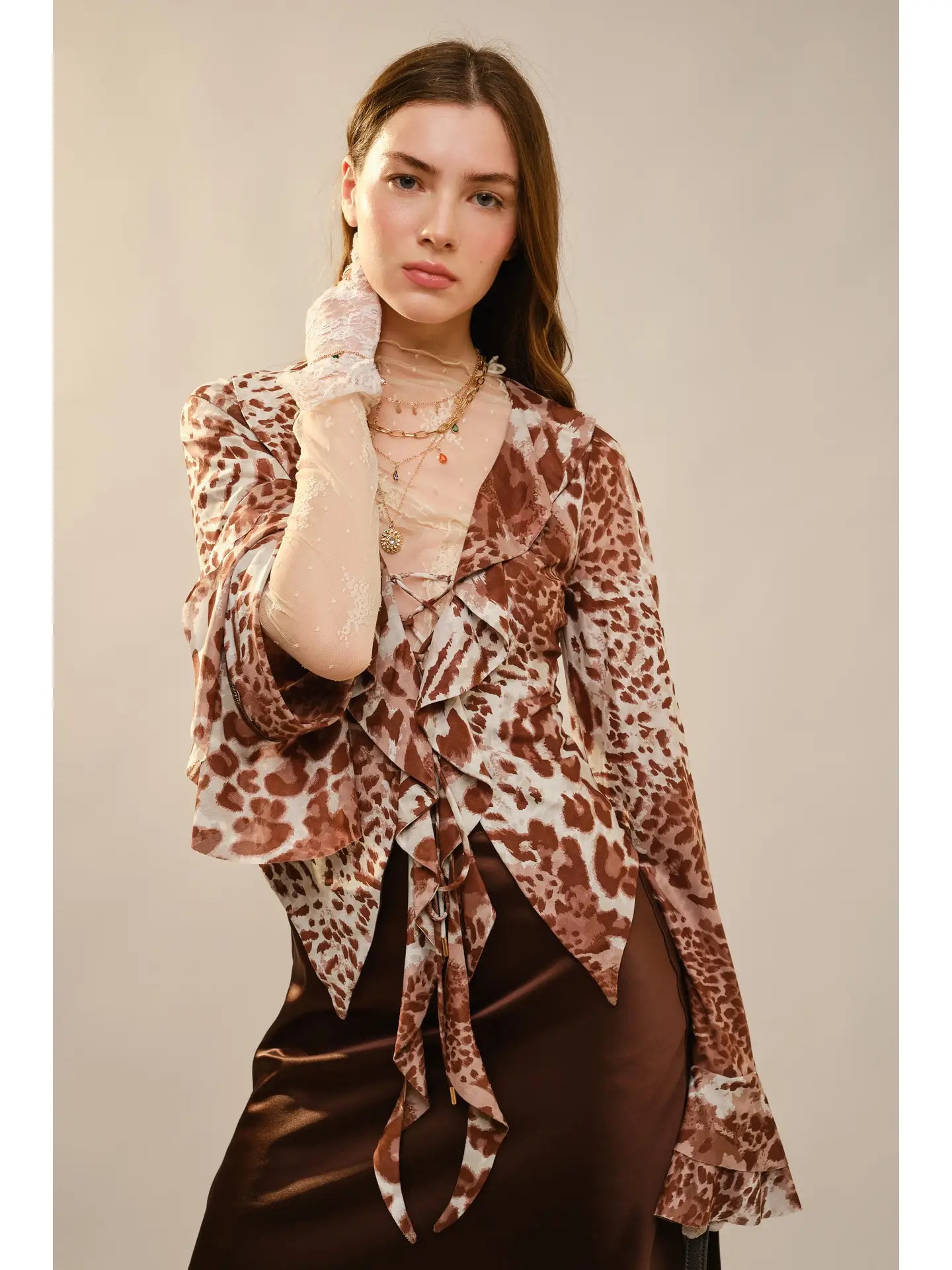 Leopard Print Ruffle Lace-Up Blouse