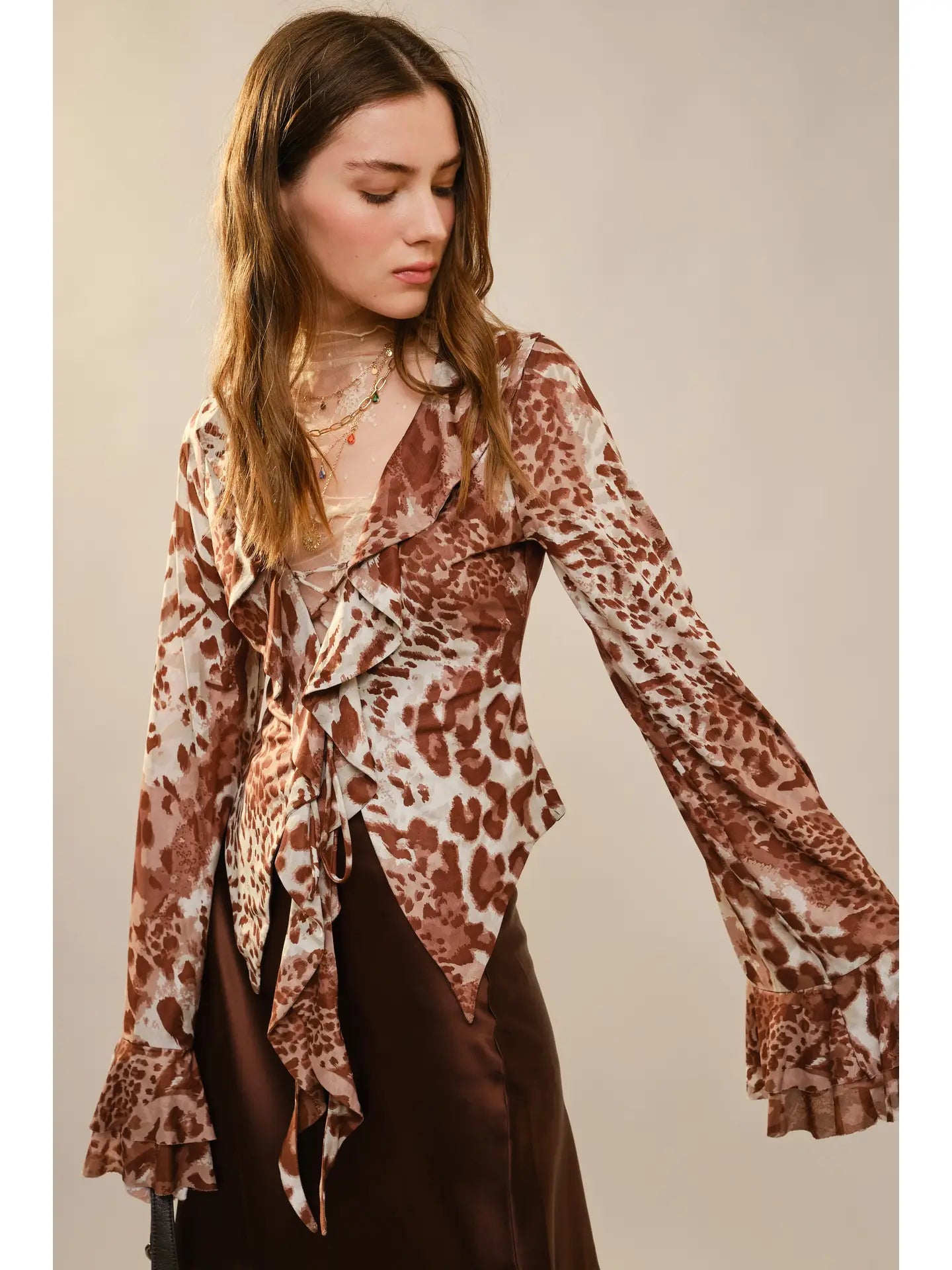 Leopard Print Ruffle Lace-Up Blouse