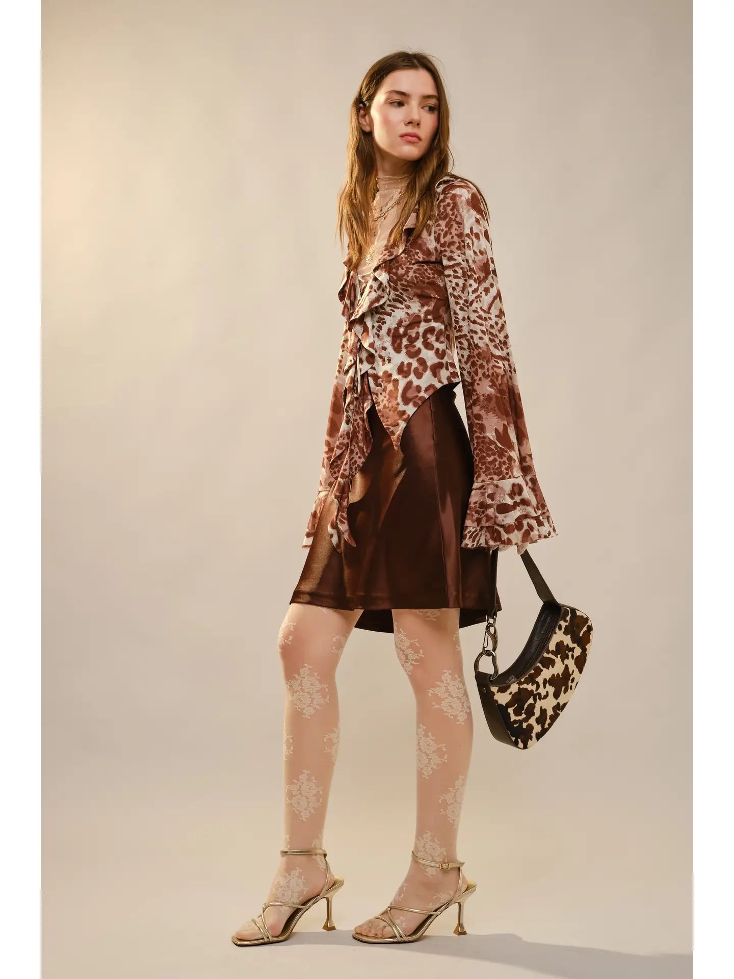 Leopard Print Ruffle Lace-Up Blouse