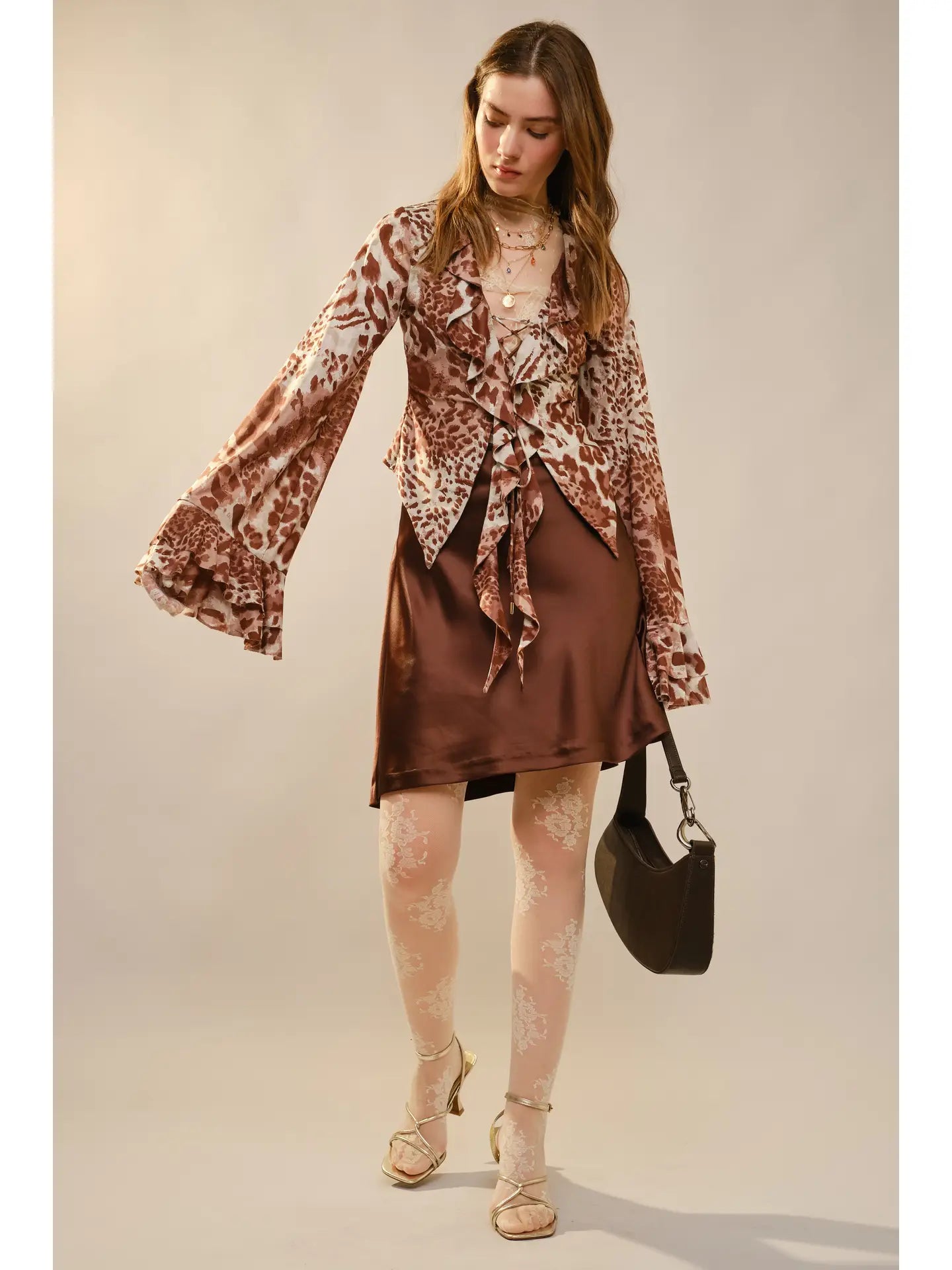 Leopard Print Ruffle Lace-Up Blouse