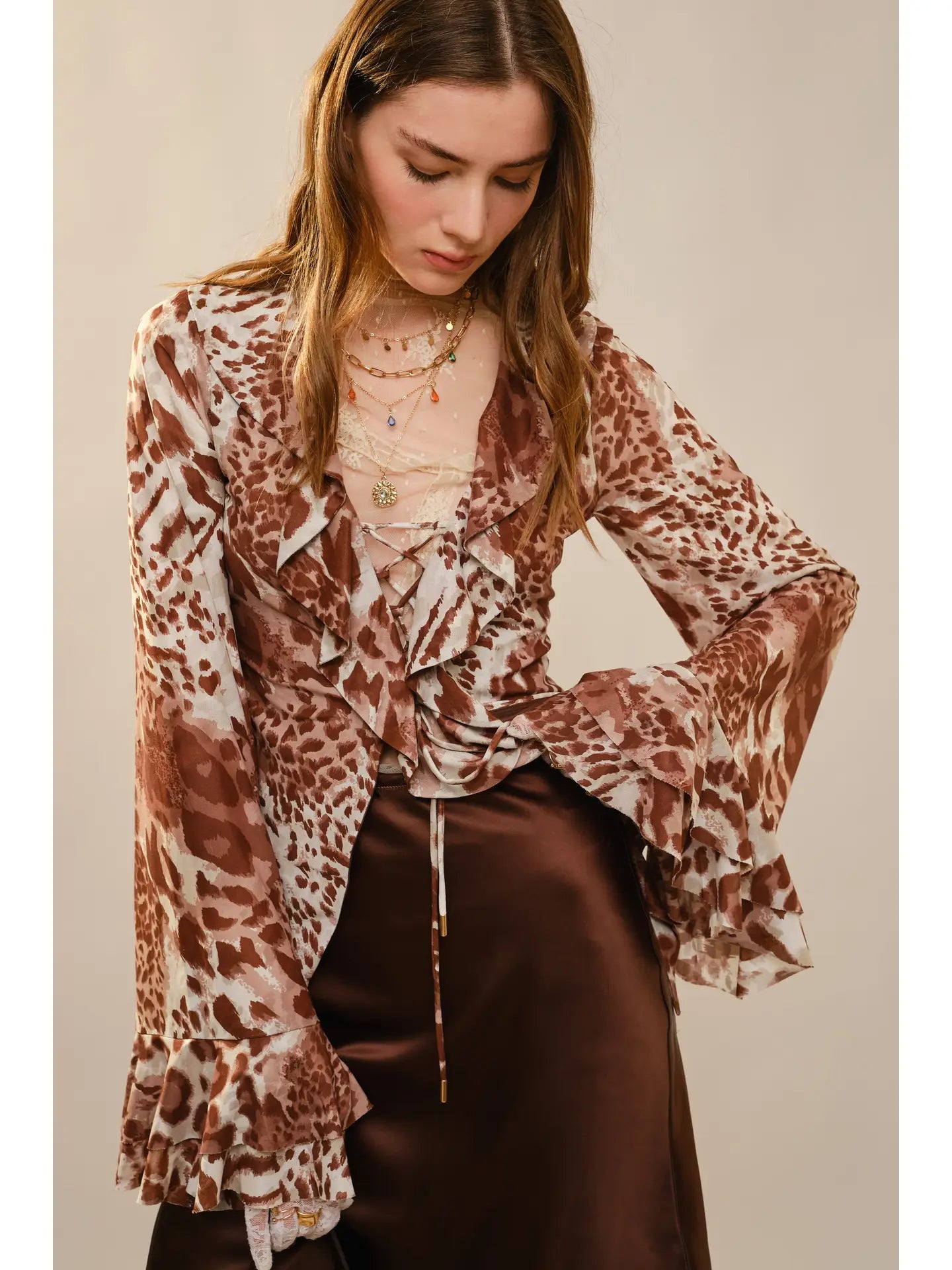 Leopard Print Ruffle Lace-Up Blouse