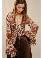 Leopard Print Ruffle Lace-Up Blouse