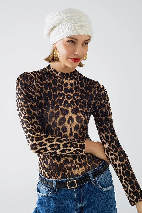 Leopard Print Spandex Body with Long Sleeve-Bodysuit-Q2-S-Brown-Urbanheer