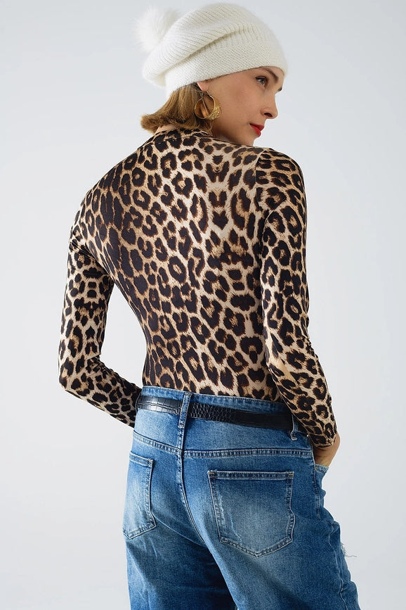 Leopard Print Spandex Body with Long Sleeve-Bodysuit-Q2-S-Brown-Urbanheer