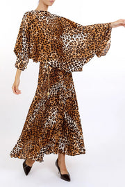 Leopard Printed Asymmetrical Top & Pleat Skirt Set-Set-Beulah Style-S-Coffee-Urbanheer