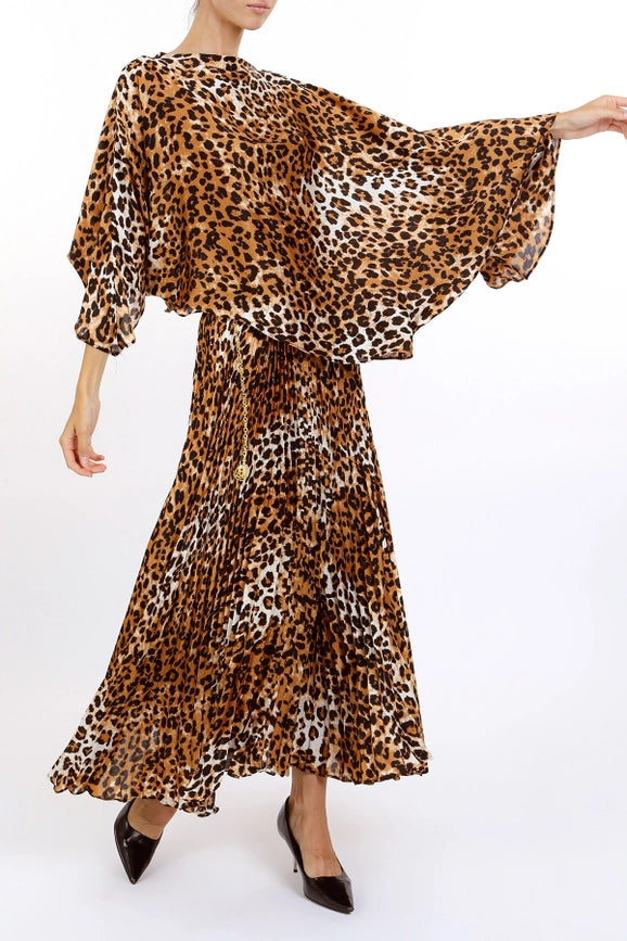 Leopard Printed Asymmetrical Top & Pleat Skirt Set-Set-Beulah Style-S-Coffee-Urbanheer