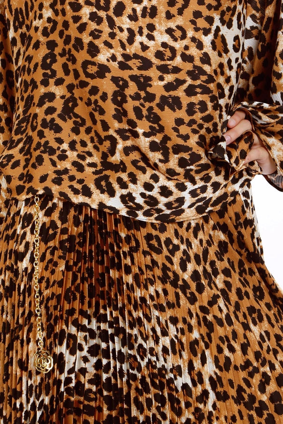 Leopard Printed Asymmetrical Top & Pleat Skirt Set-Set-Beulah Style-S-Coffee-Urbanheer