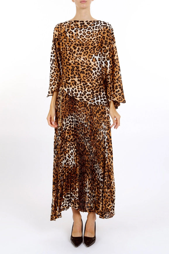 Leopard Printed Asymmetrical Top & Pleat Skirt Set-Set-Beulah Style-S-Coffee-Urbanheer