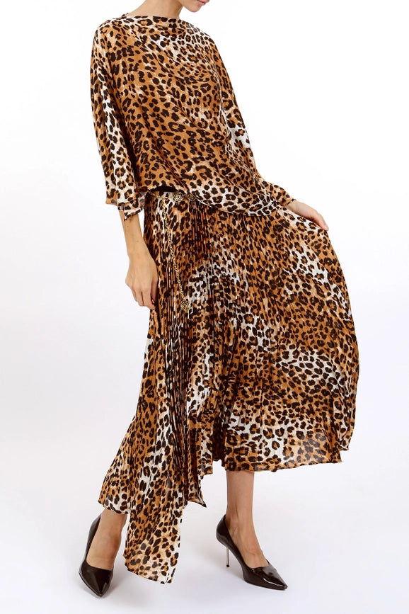 Leopard Printed Asymmetrical Top & Pleat Skirt Set-Set-Beulah Style-S-Coffee-Urbanheer