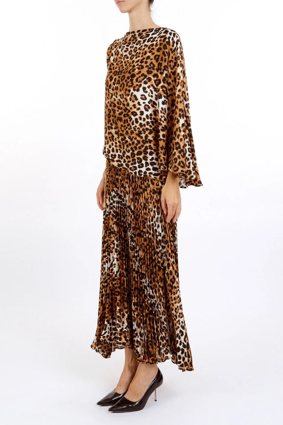 Leopard Printed Asymmetrical Top & Pleat Skirt Set-Set-Beulah Style-S-Coffee-Urbanheer