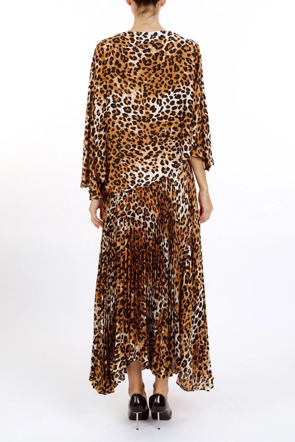 Leopard Printed Asymmetrical Top & Pleat Skirt Set-Set-Beulah Style-S-Coffee-Urbanheer