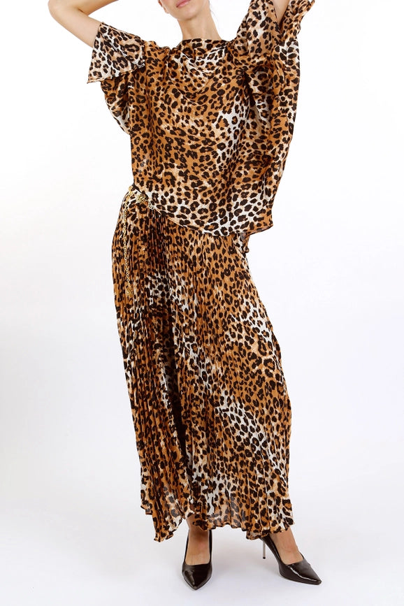 Leopard Printed Asymmetrical Top & Pleat Skirt Set-Set-Beulah Style-S-Coffee-Urbanheer