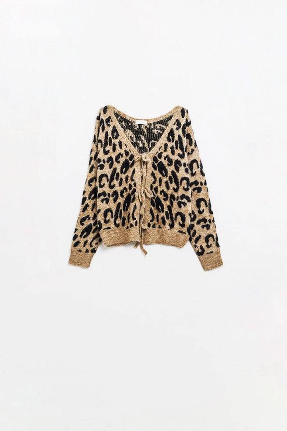 Leopard Printed Long Sleeve Cardigan with Bows Detail-Cardigan-Q2-OS-Brown-Urbanheer