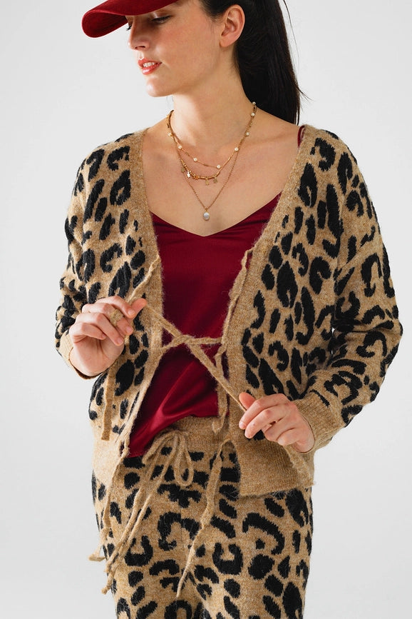 Leopard Printed Long Sleeve Cardigan with Bows Detail-Cardigan-Q2-OS-Brown-Urbanheer
