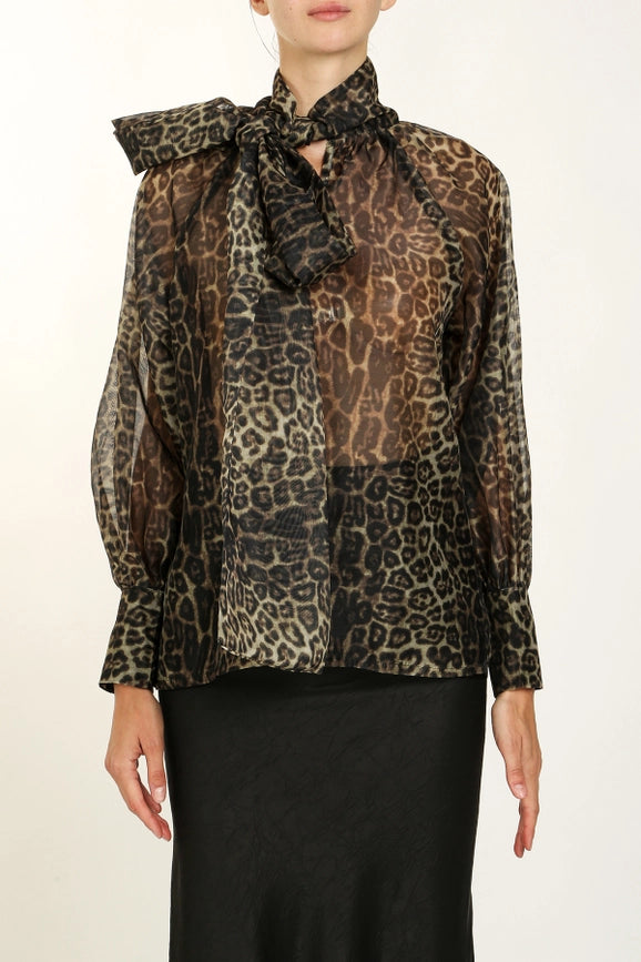 Leopard Printed Volume Bowtie Chiffon Blouse-Blouse-Beulah Style-S-Leopard-Urbanheer