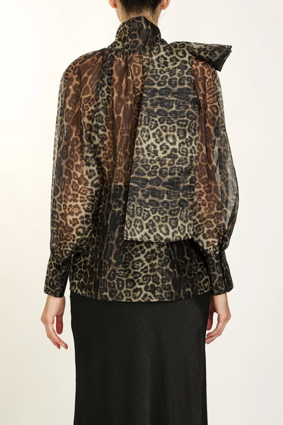 Leopard Printed Volume Bowtie Chiffon Blouse-Blouse-Beulah Style-S-Leopard-Urbanheer