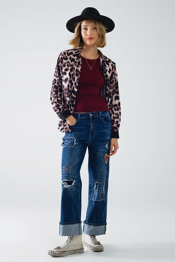 Leopard Shirt with Black Satin Detail-Shirt-Q2-S-Brown-Urbanheer