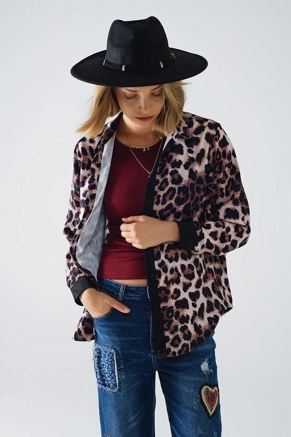 Leopard Shirt with Black Satin Detail-Shirt-Q2-S-Brown-Urbanheer