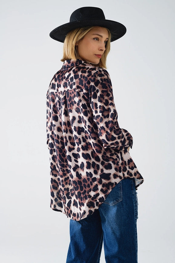 Leopard Shirt with Black Satin Detail-Shirt-Q2-S-Brown-Urbanheer