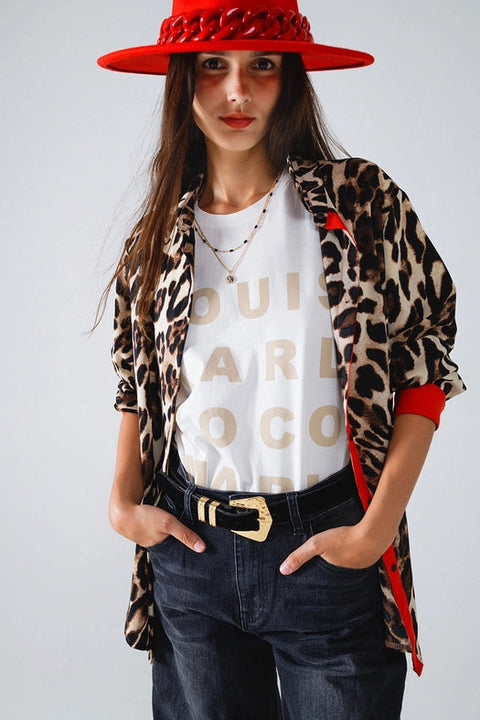Leopard Shirt with Red Button Placket and Red Sleeves Detail-Shirt-Q2-S-Brown-Urbanheer