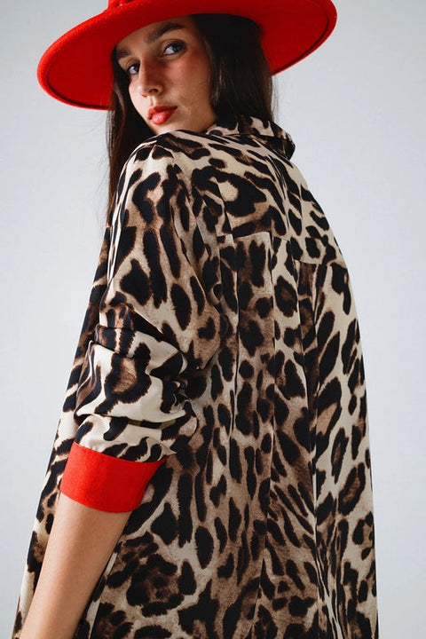 Leopard Shirt with Red Button Placket and Red Sleeves Detail-Shirt-Q2-S-Brown-Urbanheer