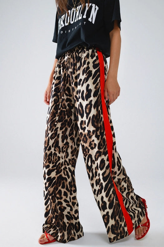 Leopard Straight Pants with Red Stripes Down the Sides-Pants-Q2-S-Brown-Urbanheer
