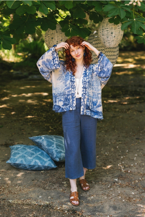 Let the Light in Pixie Duster Cropped Kimono w/ Delft Print-Kimono-Market of Stars-100% viscose-Urbanheer