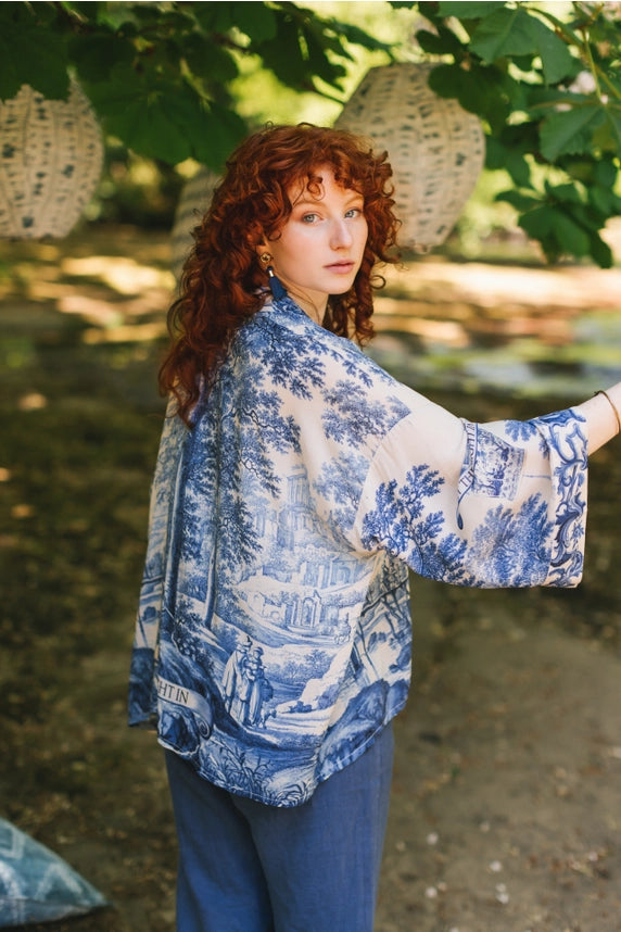 Let the Light in Pixie Duster Cropped Kimono w/ Delft Print-Kimono-Market of Stars-100% viscose-Urbanheer