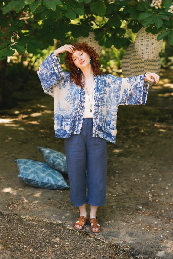 Let the Light in Pixie Duster Cropped Kimono w/ Delft Print-Kimono-Market of Stars-100% viscose-Urbanheer