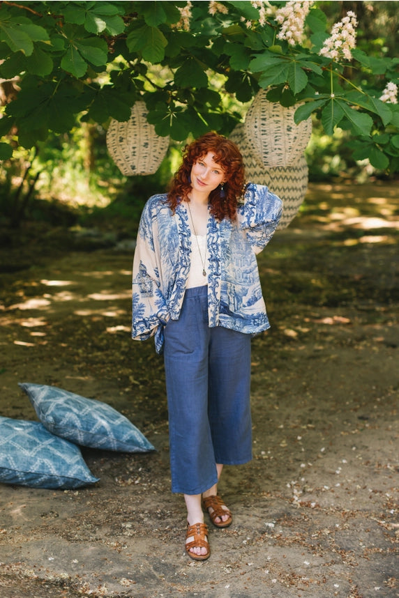 Let the Light in Pixie Duster Cropped Kimono w/ Delft Print-Kimono-Market of Stars-100% viscose-Urbanheer