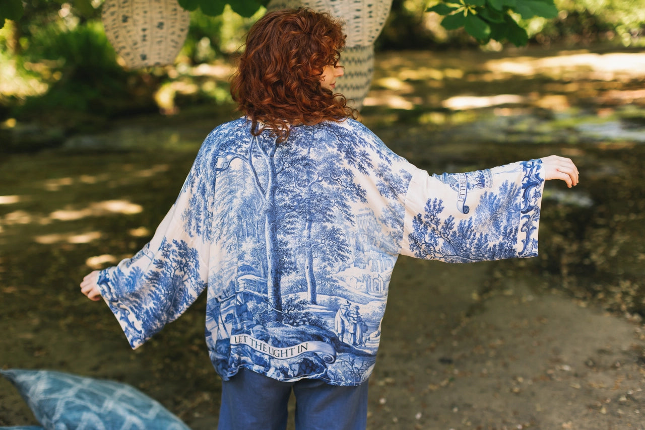 Let the Light in Pixie Duster Cropped Kimono w/ Delft Print-Kimono-Market of Stars-100% viscose-Urbanheer