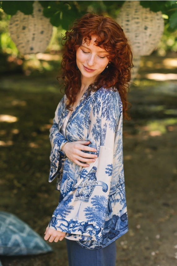 Let the Light in Pixie Duster Cropped Kimono w/ Delft Print-Kimono-Market of Stars-100% viscose-Urbanheer