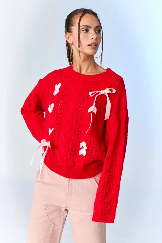 Lia Cable Knit Lace Up Sweater Red-Sweater-Papermoon-S-Red-Urbanheer