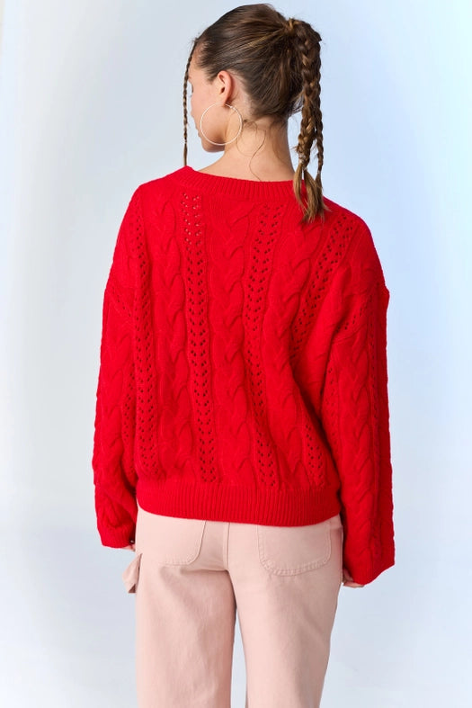 Lia Cable Knit Lace Up Sweater Red-Sweater-Papermoon-S-Red-Urbanheer