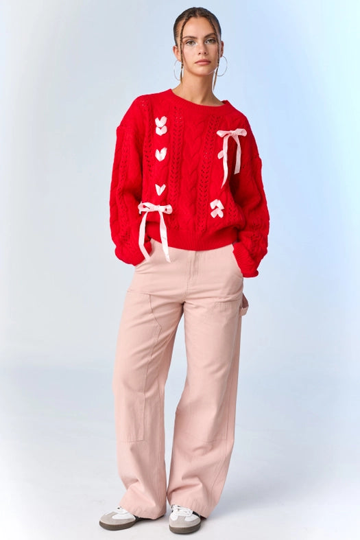 Lia Cable Knit Lace Up Sweater Red-Sweater-Papermoon-S-Red-Urbanheer