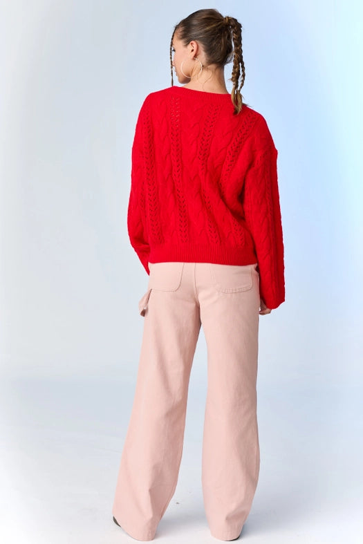 Lia Cable Knit Lace Up Sweater Red-Sweater-Papermoon-S-Red-Urbanheer