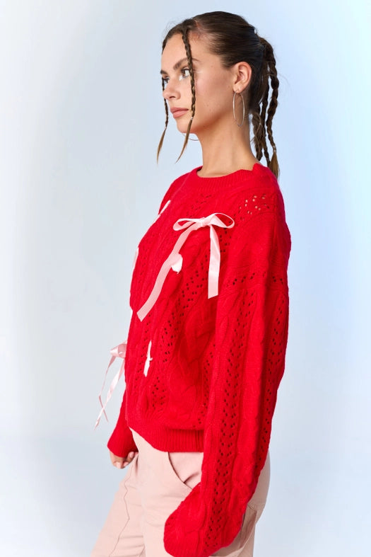 Lia Cable Knit Lace Up Sweater Red-Sweater-Papermoon-S-Red-Urbanheer