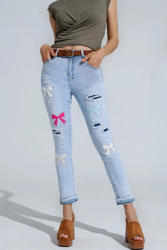 Light Blue Super Skinny Jeans with Bow Ties and Ripped Holes-Jeans-Q2-XS-Blue-Urbanheer