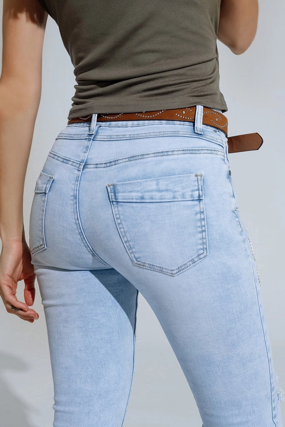 Light Blue Super Skinny Jeans with Bow Ties and Ripped Holes-Jeans-Q2-XS-Blue-Urbanheer