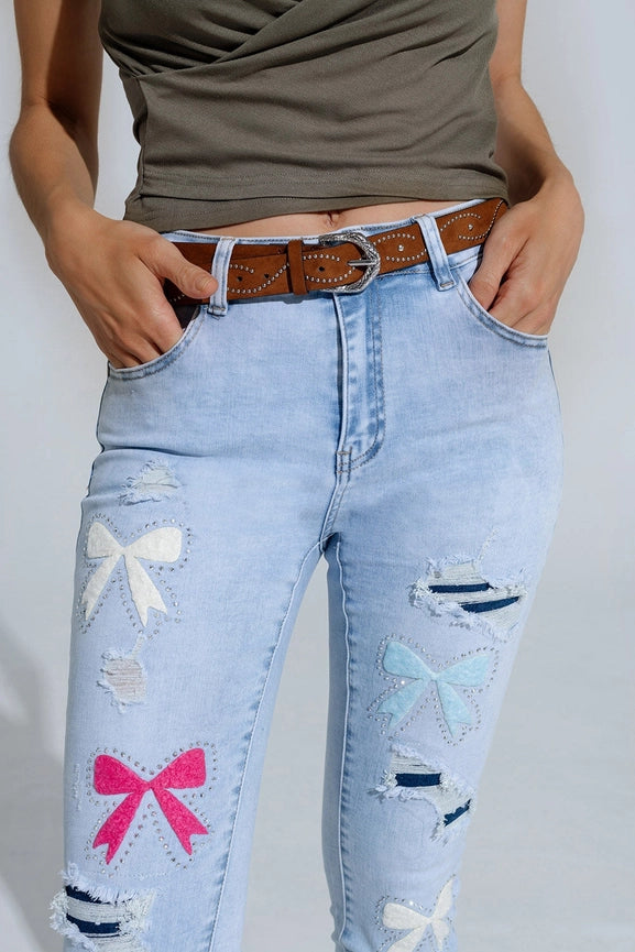 Light Blue Super Skinny Jeans with Bow Ties and Ripped Holes-Jeans-Q2-XS-Blue-Urbanheer