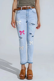Light Blue Super Skinny Jeans with Bow Ties and Ripped Holes-Jeans-Q2-XS-Blue-Urbanheer